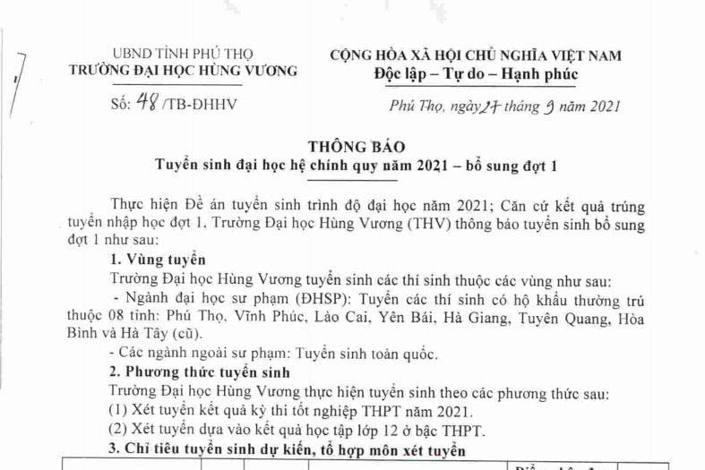 Thong bao tuyen sinh dai hoc he chinh quy nam 2021 – bo sung dot 1