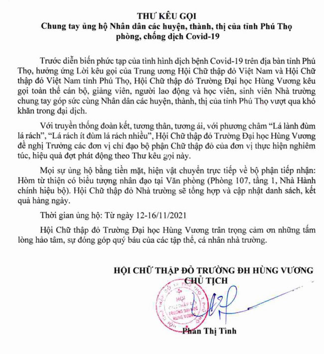Thu keu goi: Chung tay ung ho nhan dan cac huyen, thanh, thi cua tinh Phu Tho phong, chong dich Covid-19