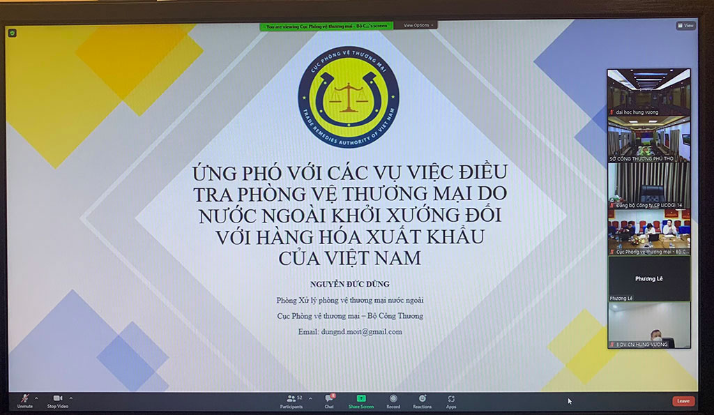 Truong Dai hoc Hung Vuong tham du Hoi nghi truc tuyen tap huan: Co hoi va thach thuc cua doanh nghiep Viet Nam khi tham gia cac hiep dinh thuong mai tu do - goc nhin tu linh vuc phong ve thuong mai